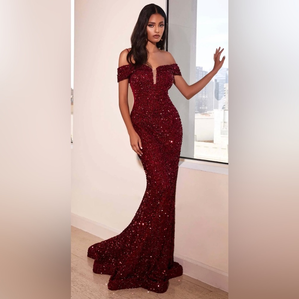 Ladivine by Cinderella Divine Burgundy Sequin Mermaid Formal Dress/Gown